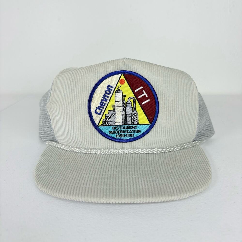 Vintage Chevron Oil Corduroy Hat Adult OSFA Gray Rope Trucker Snapback Grunge